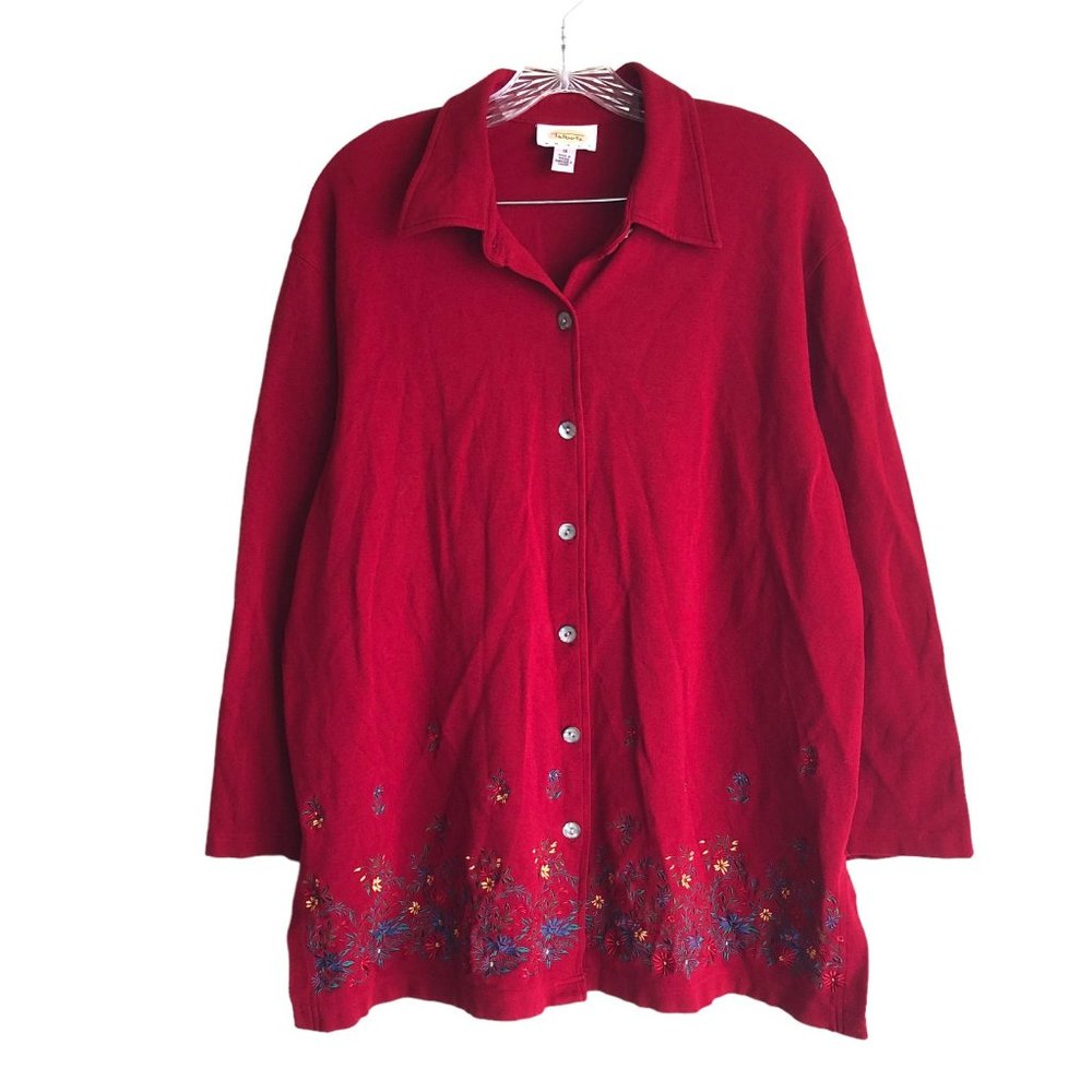 Vintage Talbots Womens Shirt Shacket Plus 1X Floral Embroidered Stretch Red